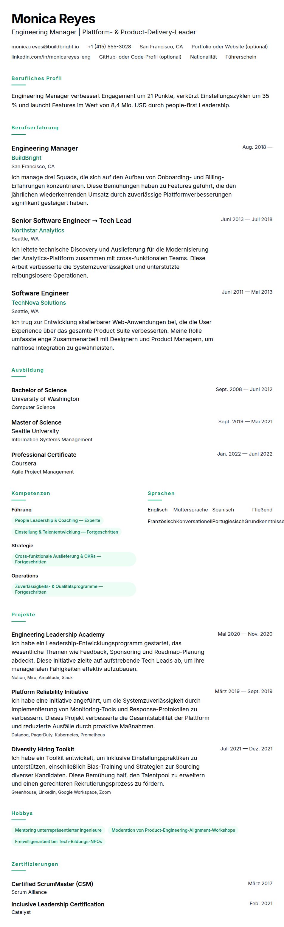 Lebenslaufvorschau für Engineering Manager Lebenslauf-Beispiel