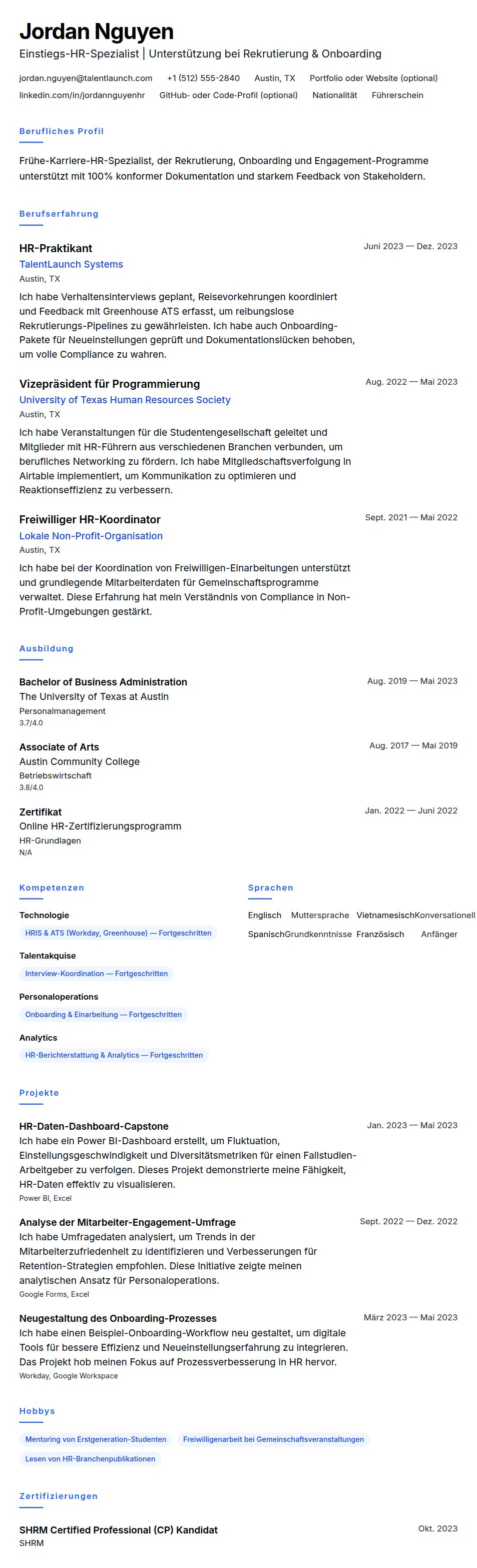 Lebenslaufbeispiel für Einstiegs-HR-Spezialist