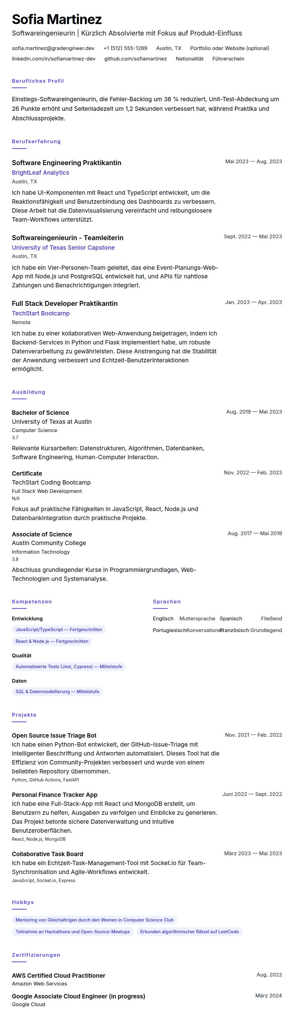 Lebenslaufvorschau für Lebenslaufbeispiel für Einstiegs-Softwareingenieur