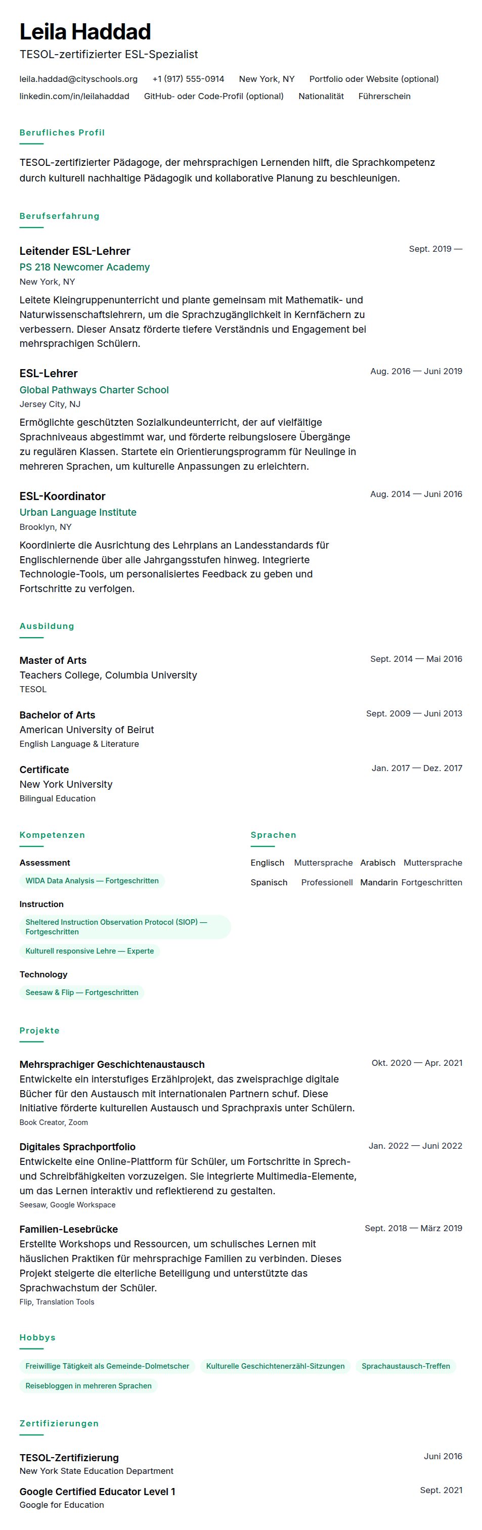 Lebenslaufvorschau für ESL-Lehrer Lebenslauf-Beispiel