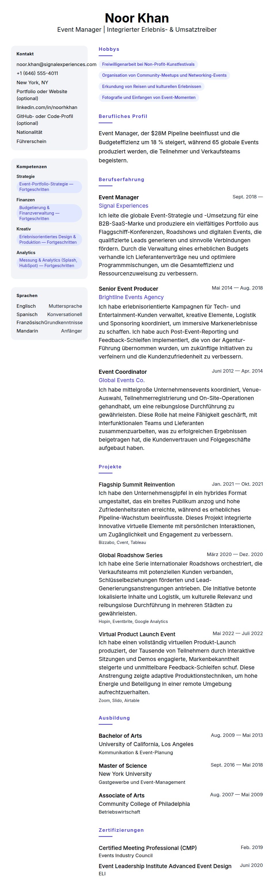 Lebenslaufvorschau für Event Manager Lebenslauf-Beispiel