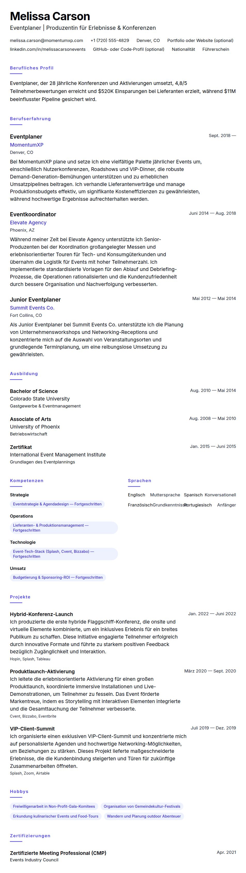 Lebenslaufvorschau für Eventplaner-Lebenslaufbeispiel