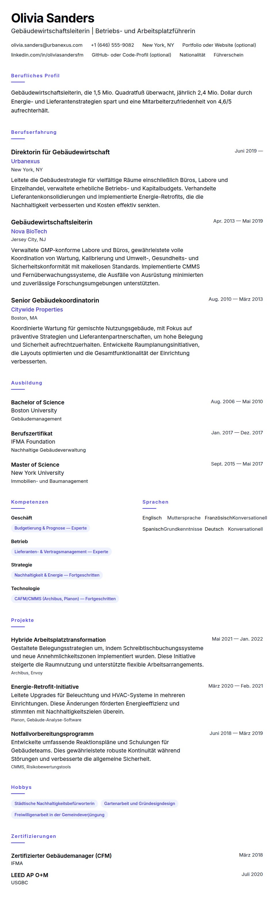 Lebenslaufvorschau für Lebenslaufbeispiel für Gebäudewirtschaftsleiter