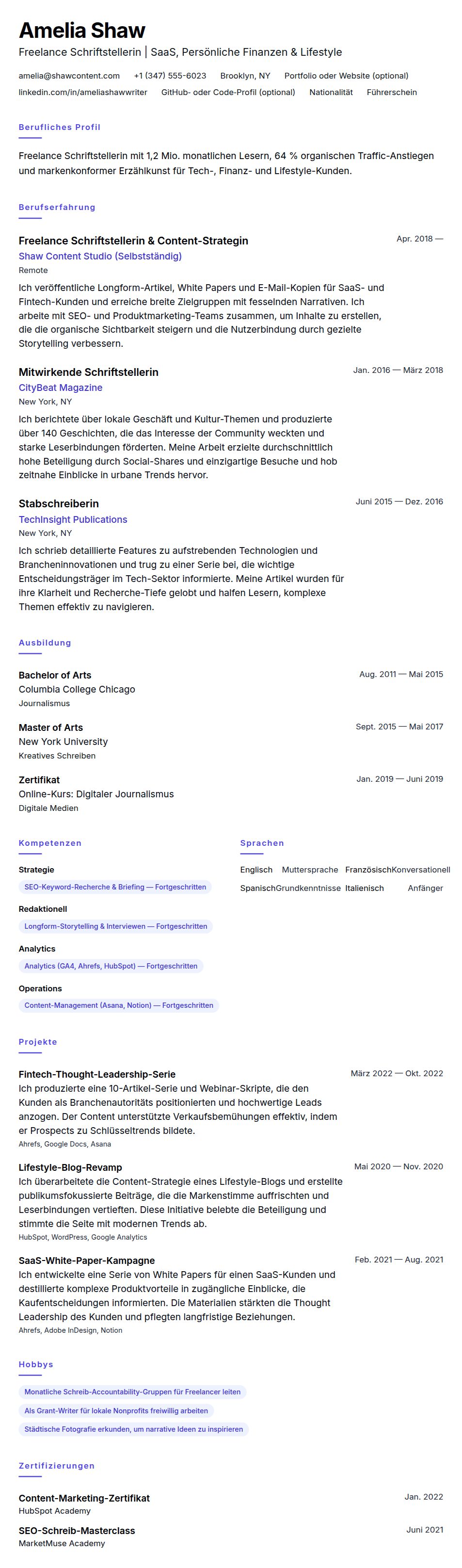 Lebenslaufvorschau für Lebenslaufbeispiel für Freelance Schriftsteller