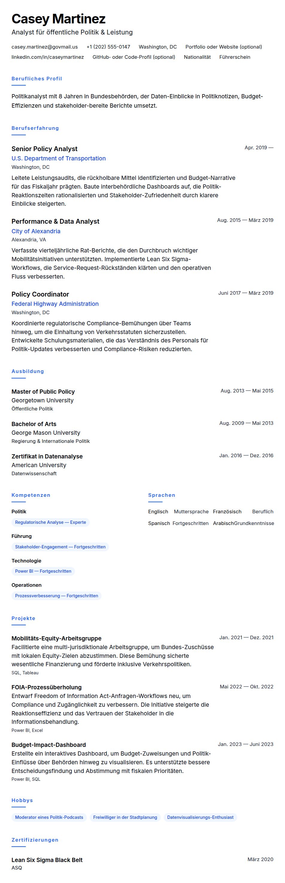 Beispiel-Lebenslauf für Regierungsanalysten