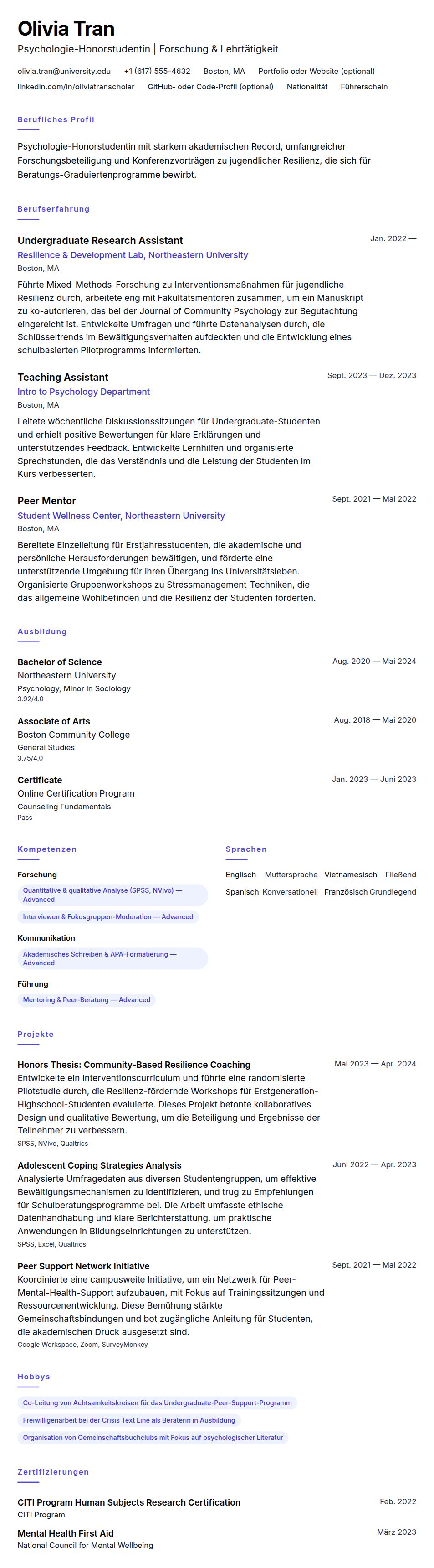 Lebenslaufvorschau für Lebenslaufbeispiel für Bewerber um eine Graduiertenschule