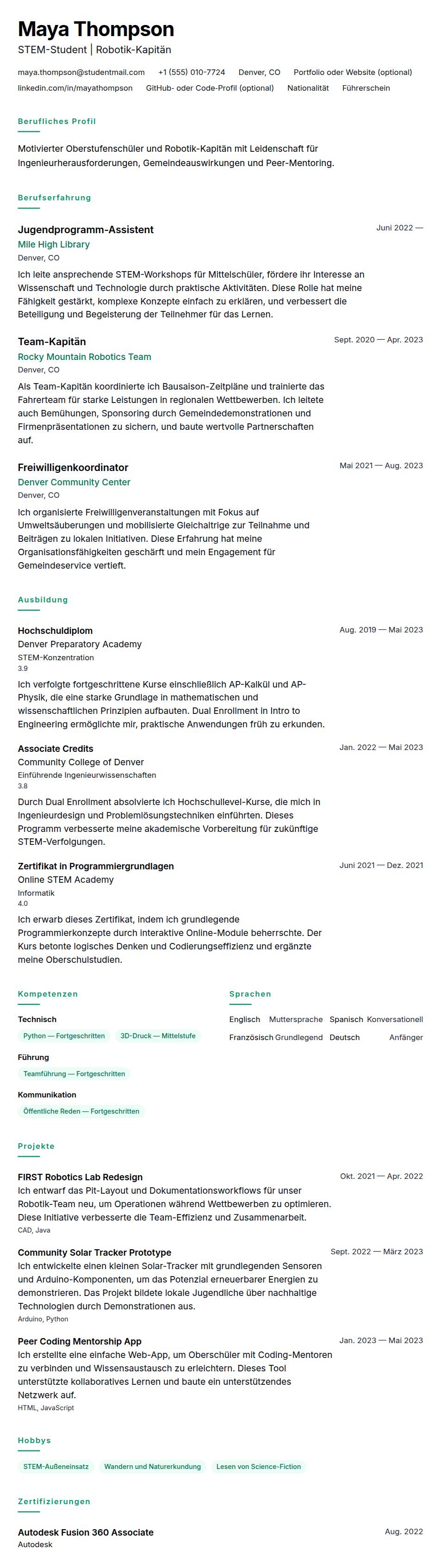 Lebenslaufvorschau für Lebenslauf-Beispiel für Oberschüler