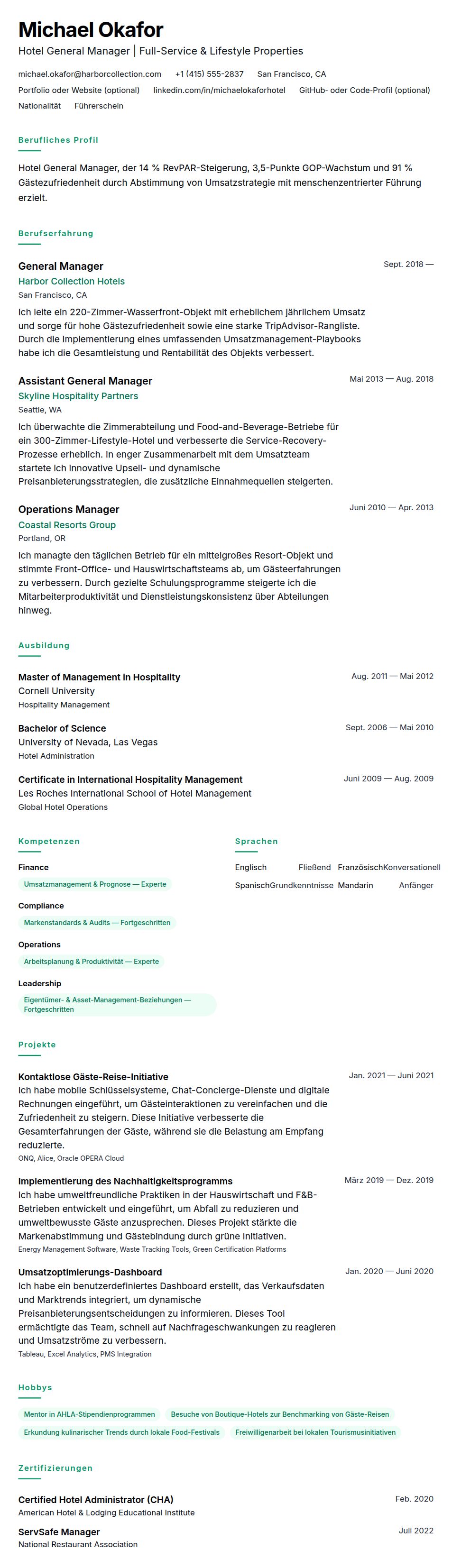 Lebenslaufvorschau für Hotel Management Lebenslauf-Beispiel