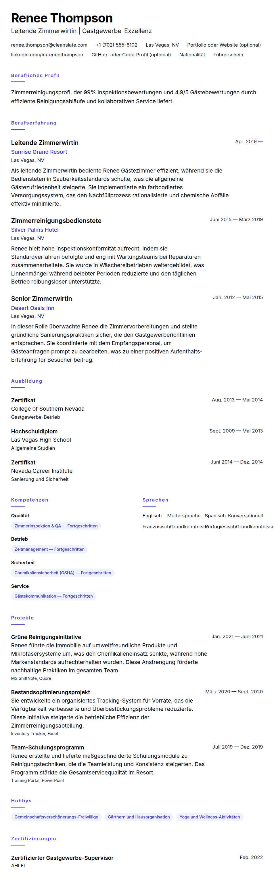 Lebenslaufvorschau für Zimmerreinigung Lebenslaufbeispiel