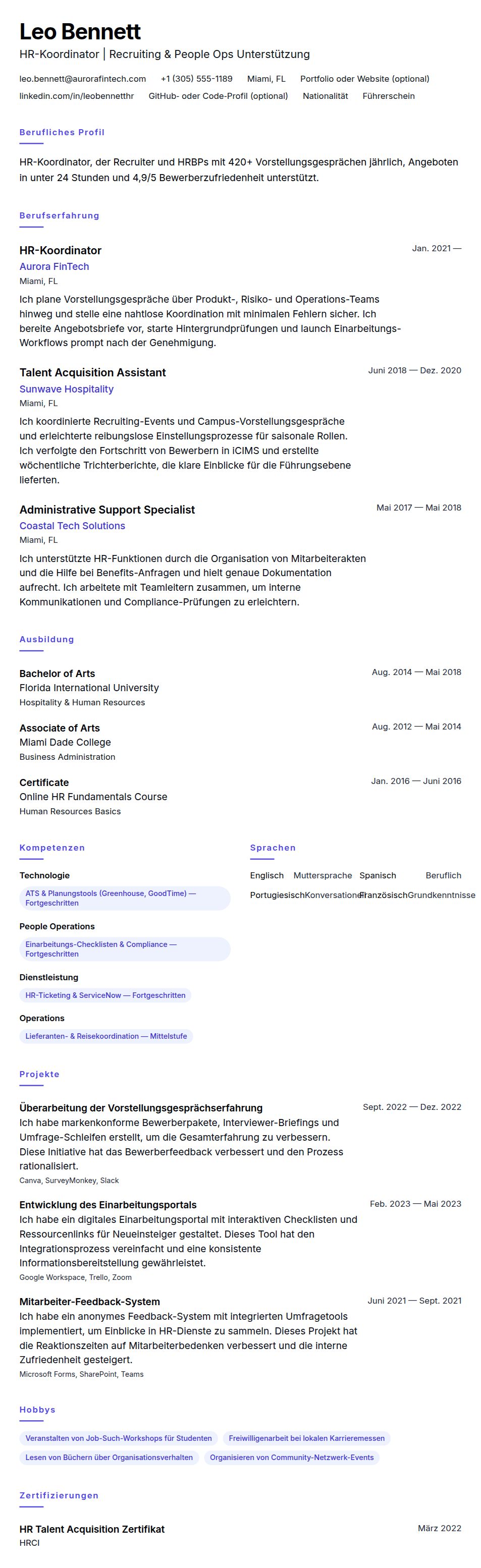 Lebenslaufvorschau für HR-Koordinator Lebenslauf-Beispiel