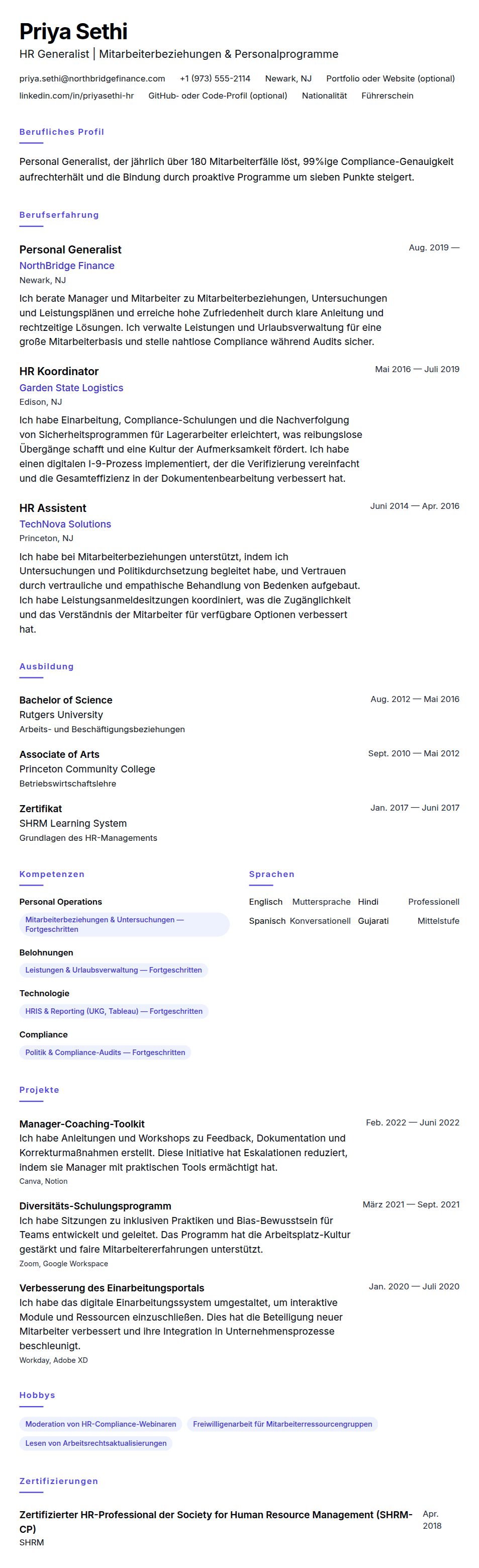 Lebenslaufvorschau für Personal Generalist Lebenslaufbeispiel