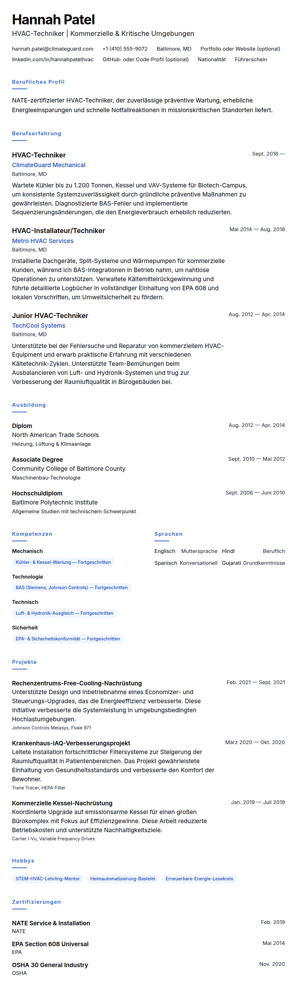 Lebenslaufvorschau für HVAC-Techniker Lebenslaufbeispiel