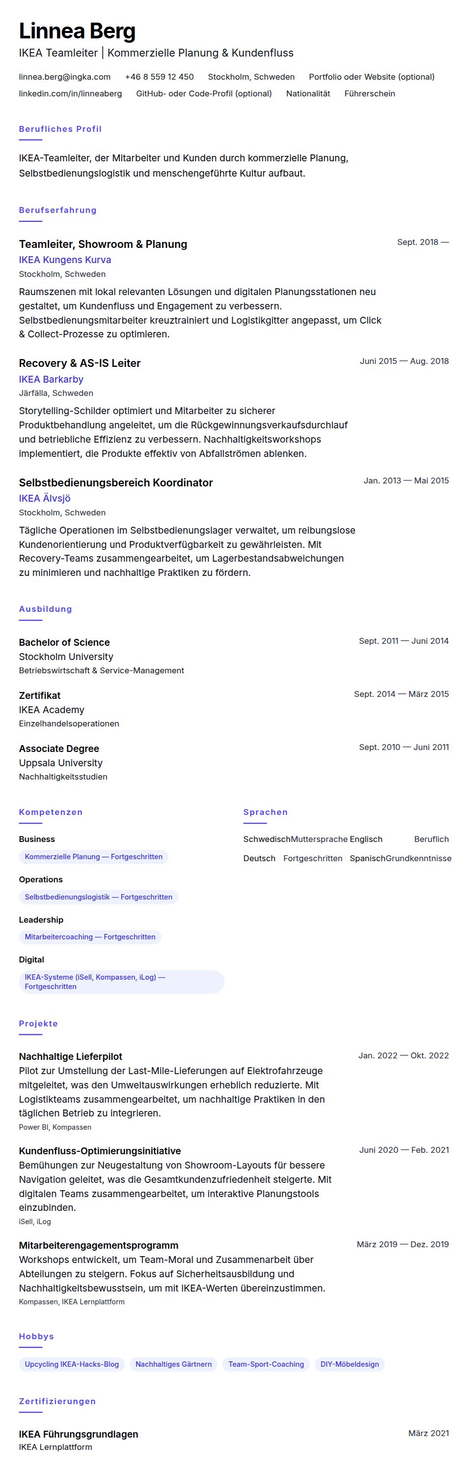 Lebenslaufvorschau für IKEA Teamleiter Lebenslaufbeispiel