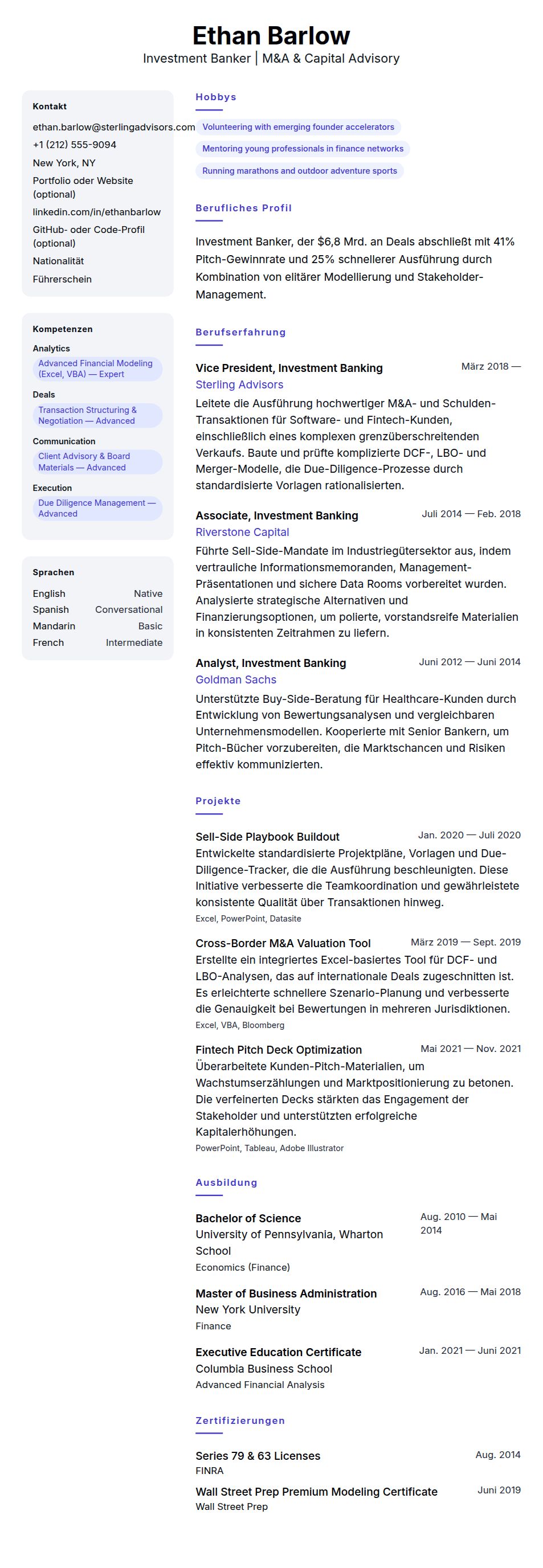 Lebenslaufvorschau für Investment Banker Lebenslauf-Beispiel