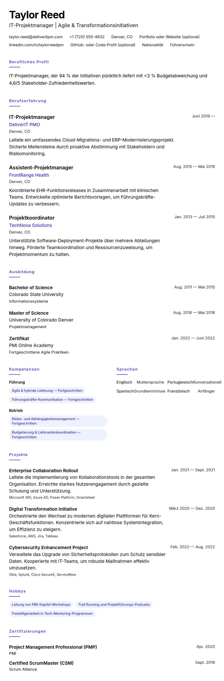 Lebenslaufvorschau für Lebenslaufbeispiel für IT-Projektmanager