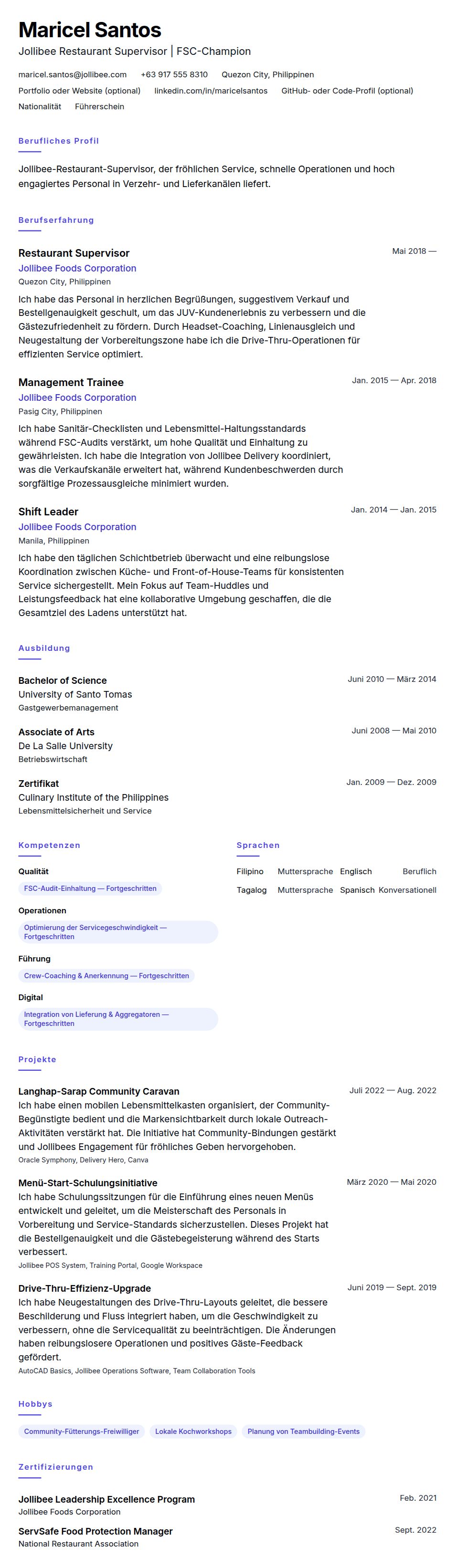 Jollibee Restaurant Supervisor Lebenslaufbeispiel