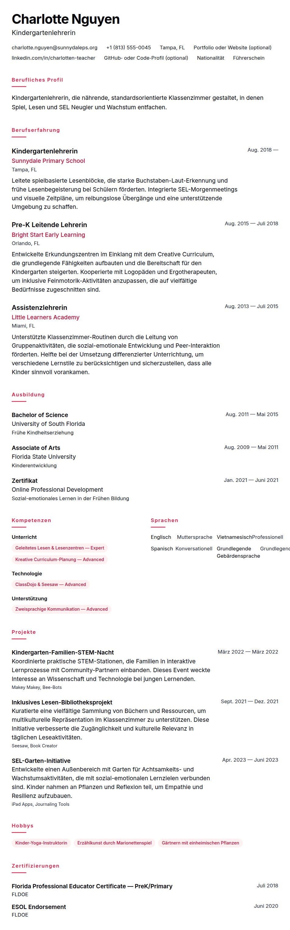 Lebenslaufvorschau für Lebenslaufbeispiel für eine Kindergartenlehrerin