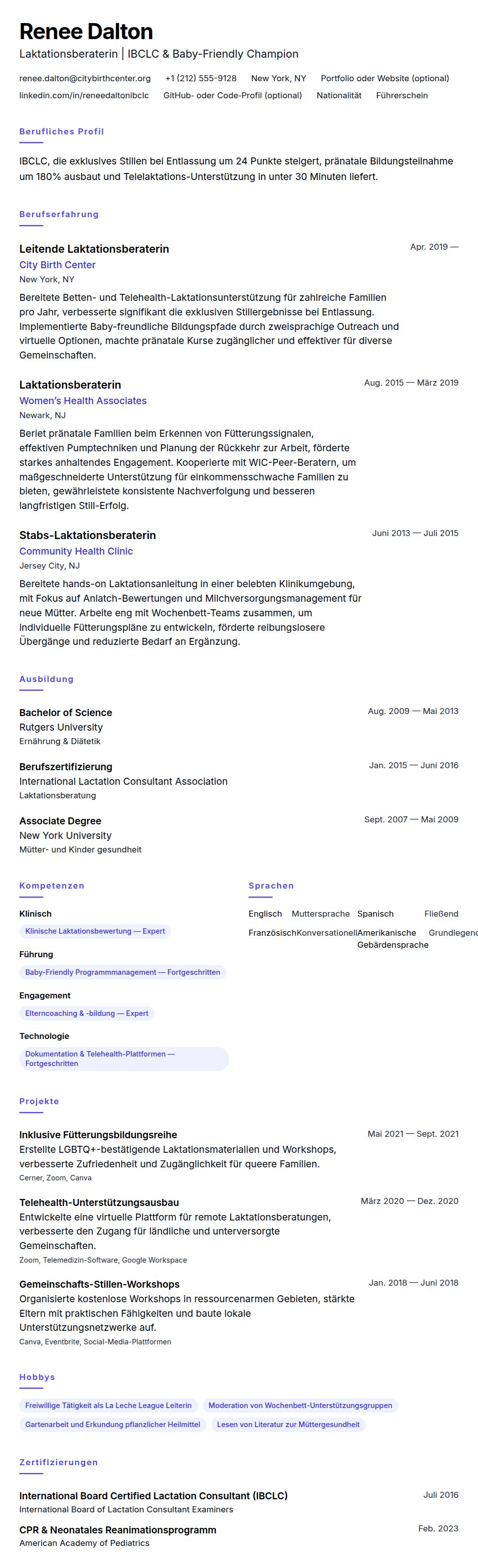 Lebenslaufvorschau für Laktationsberaterin Lebenslauf-Beispiel