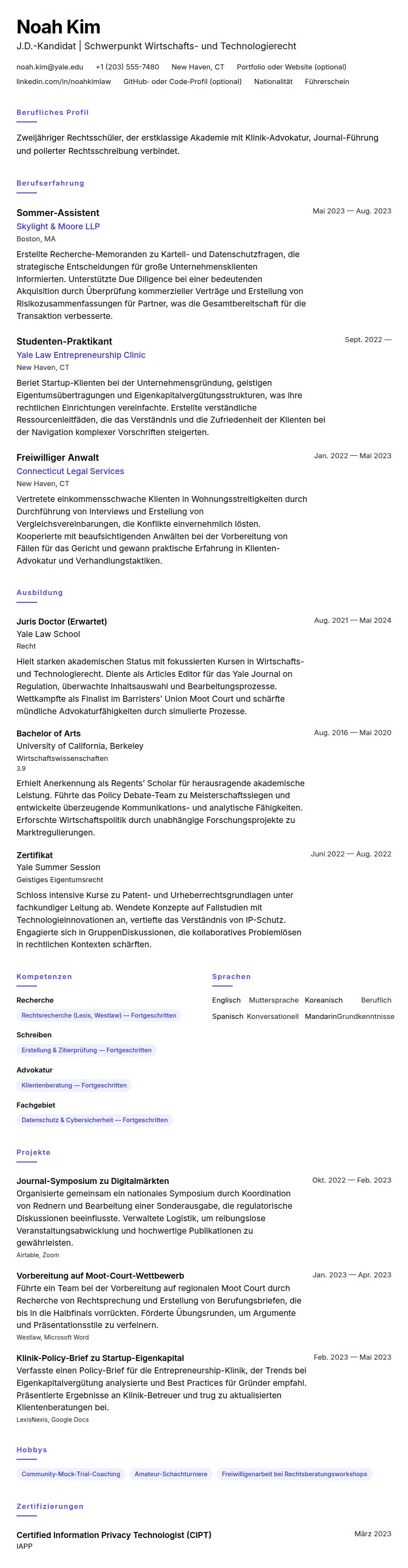 Lebenslaufvorschau für Beispiel-Lebenslauf für Rechtsschulstudenten