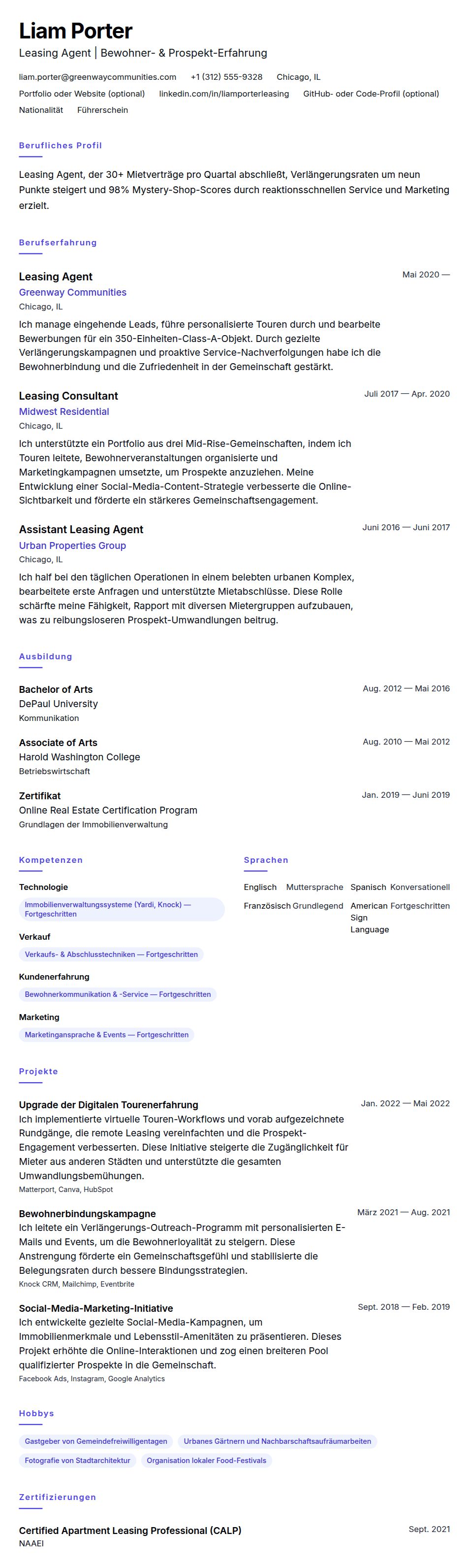 Lebenslaufvorschau für Leasing Agent Lebenslauf-Beispiel