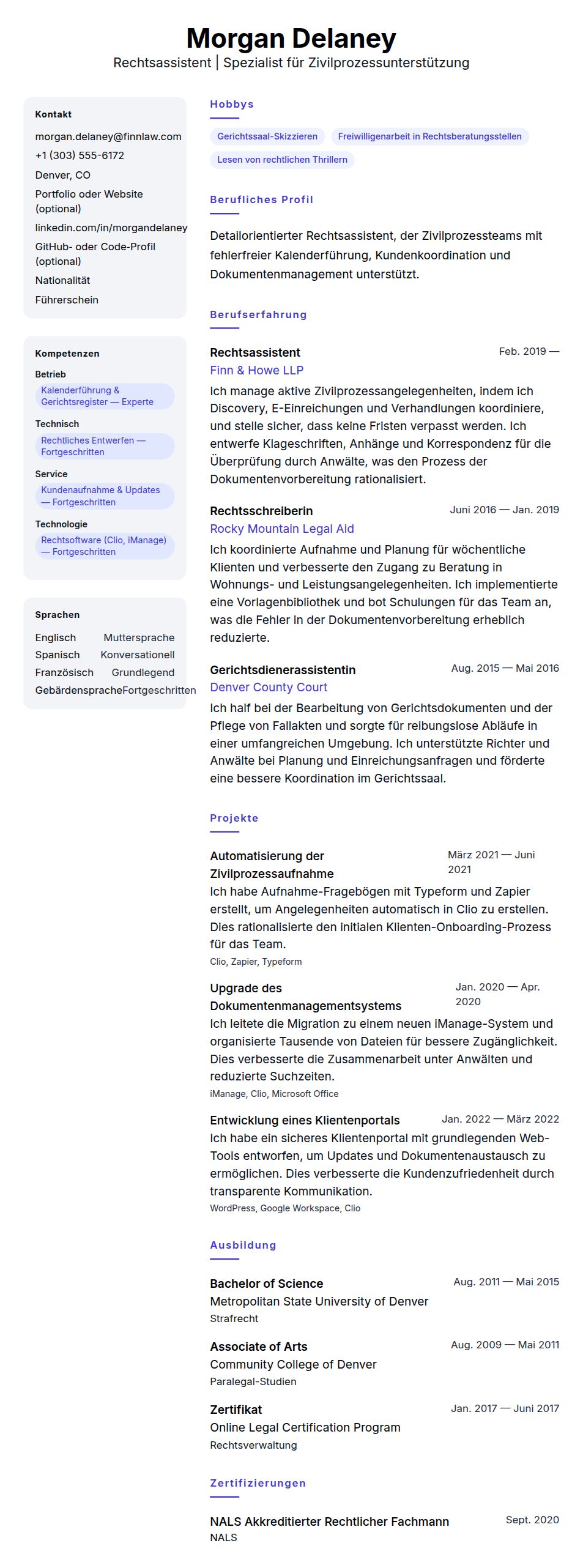 Lebenslaufvorschau für Lebenslaufbeispiel für Rechtsassistenten