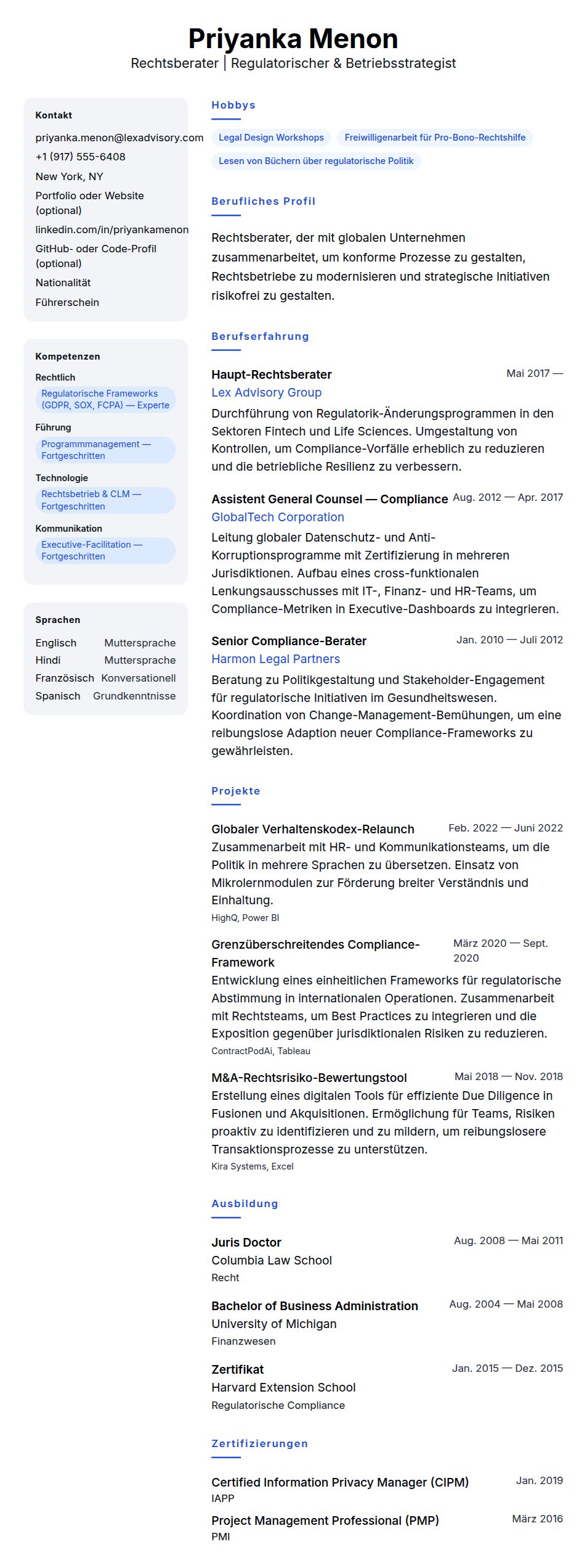 Lebenslaufvorschau für Beispiel-Lebenslauf für Rechtsberater