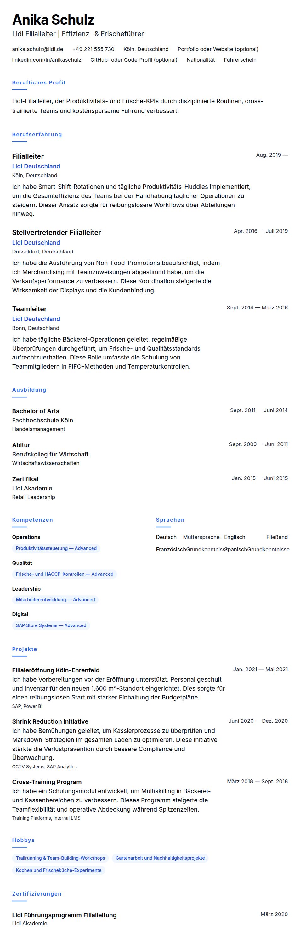 Lebenslaufvorschau für Lidl Filialleiter Lebenslaufbeispiel