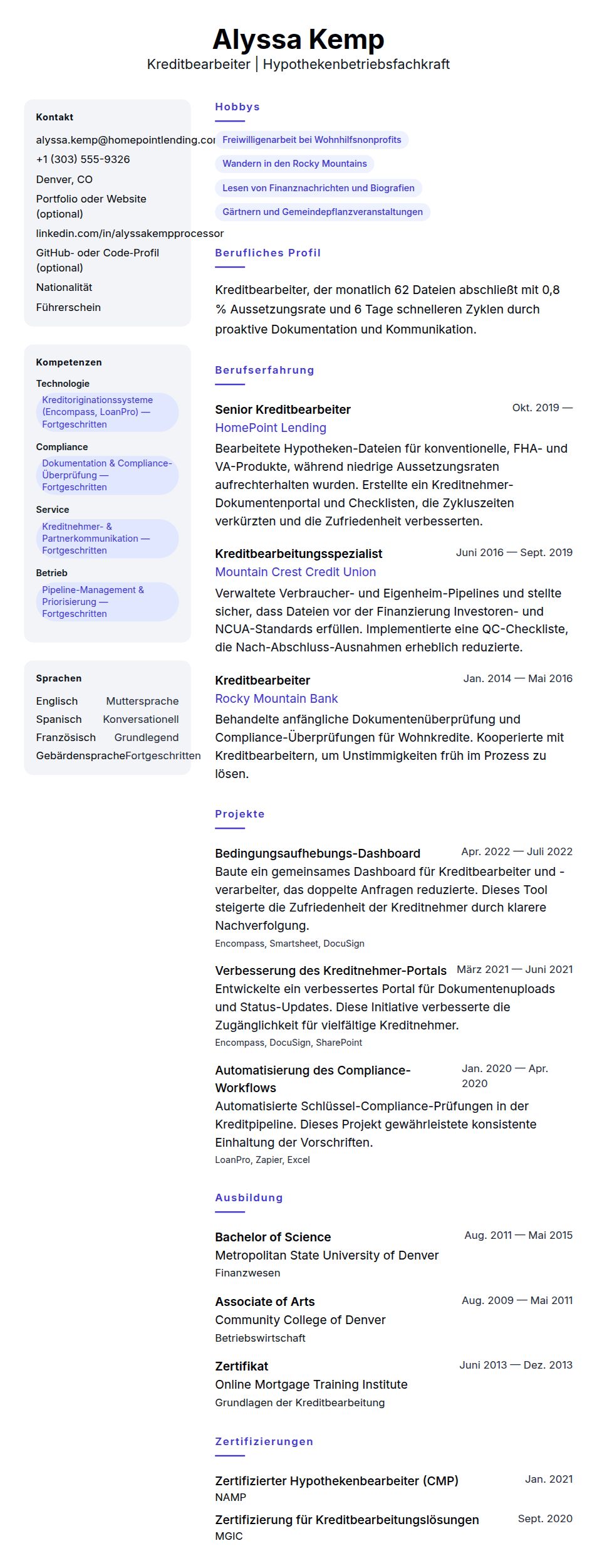 Lebenslaufvorschau für Lebenslaufbeispiel für Kreditbearbeiter