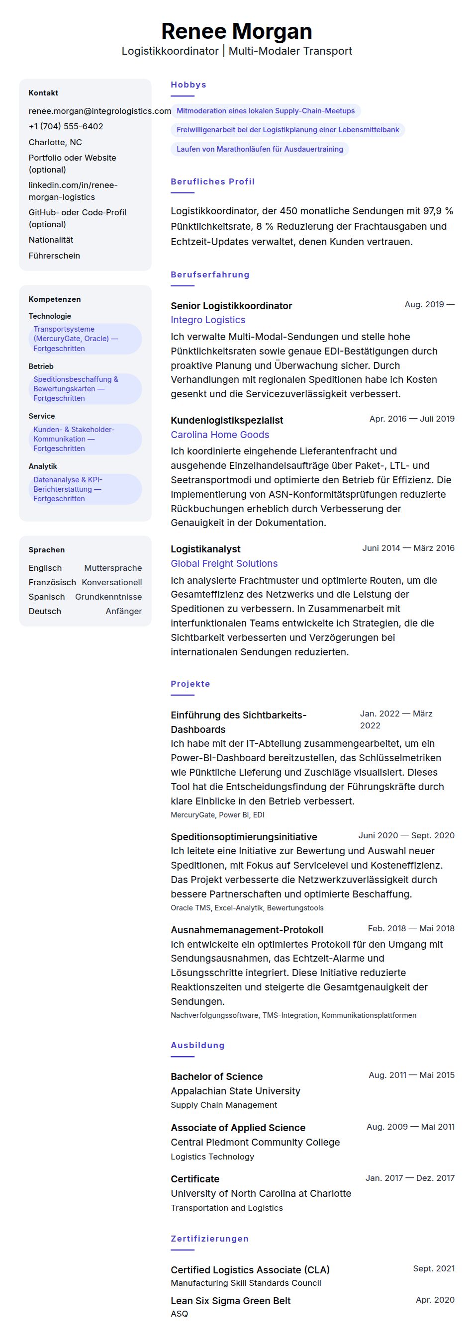 Lebenslaufvorschau für Logistikkoordinator Lebenslaufbeispiel