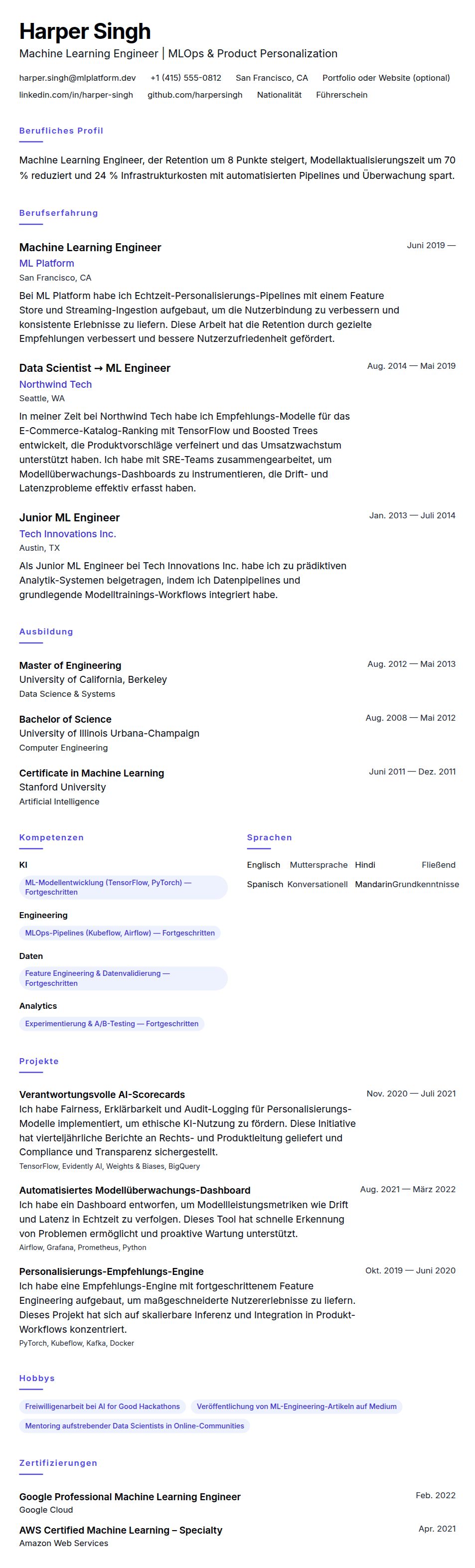 Lebenslaufvorschau für Lebenslaufbeispiel für Machine Learning Engineer