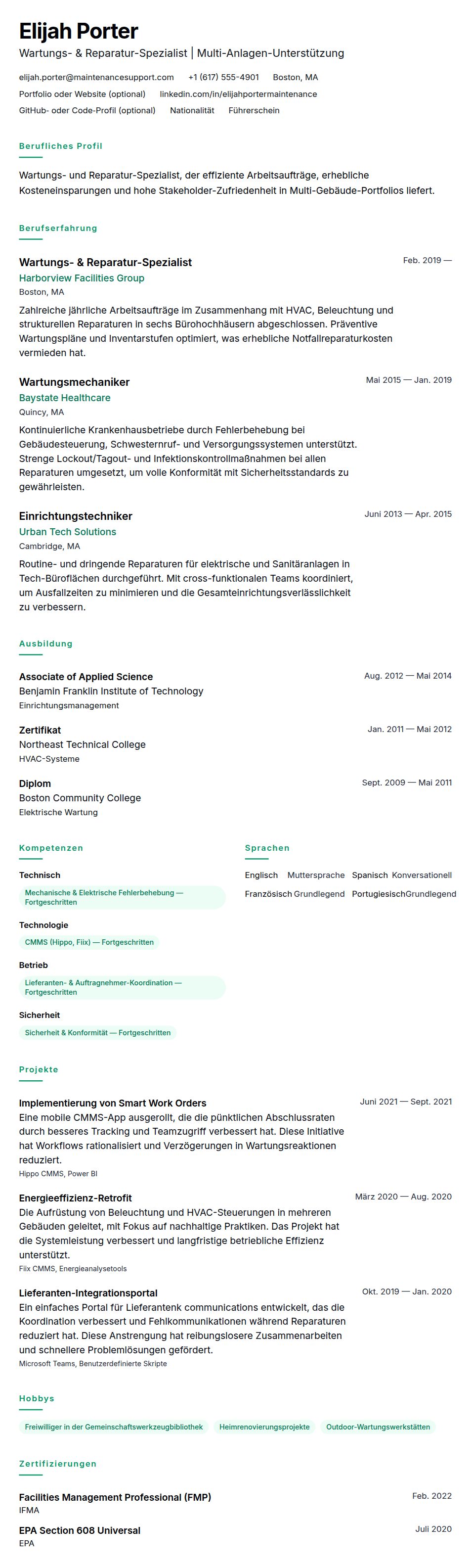 Lebenslaufvorschau für Wartung & Reparatur Lebenslauf-Beispiel