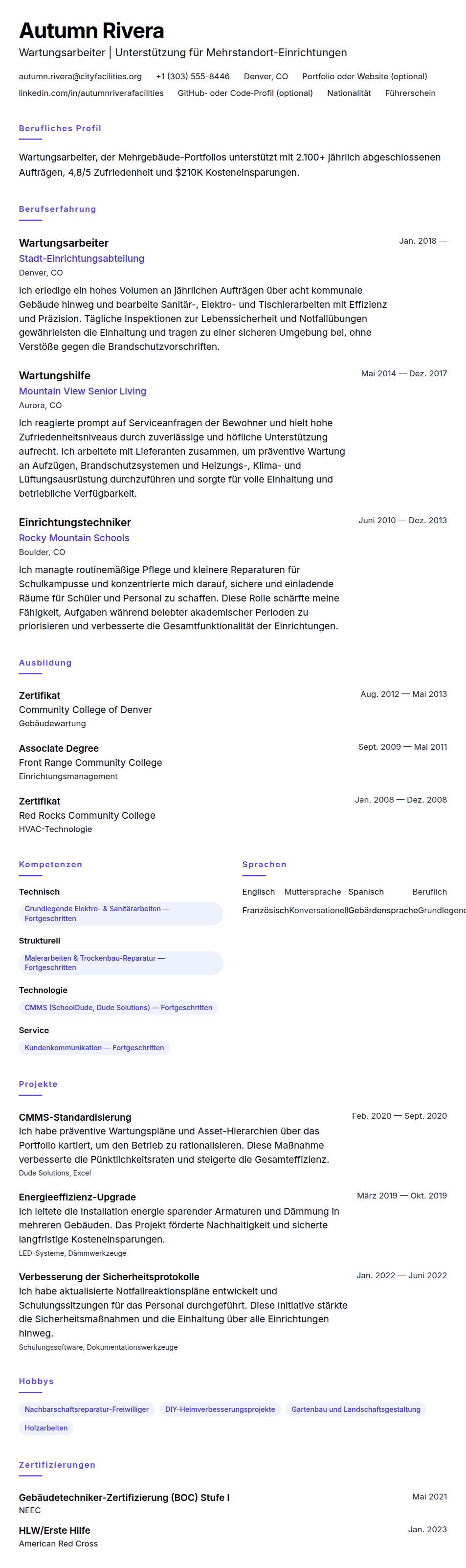 Lebenslaufbeispiel für Wartungsarbeiter