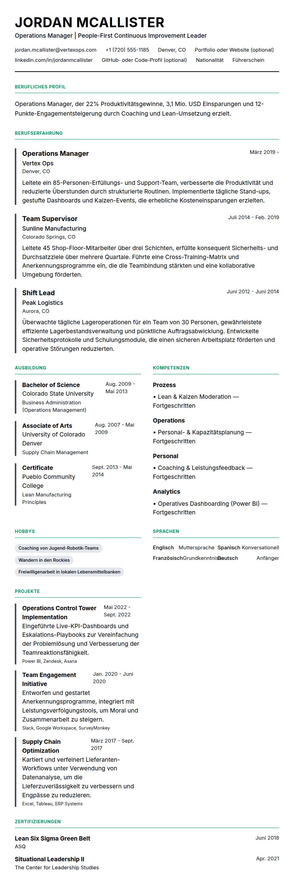 Operations Manager Lebenslaufbeispiel
