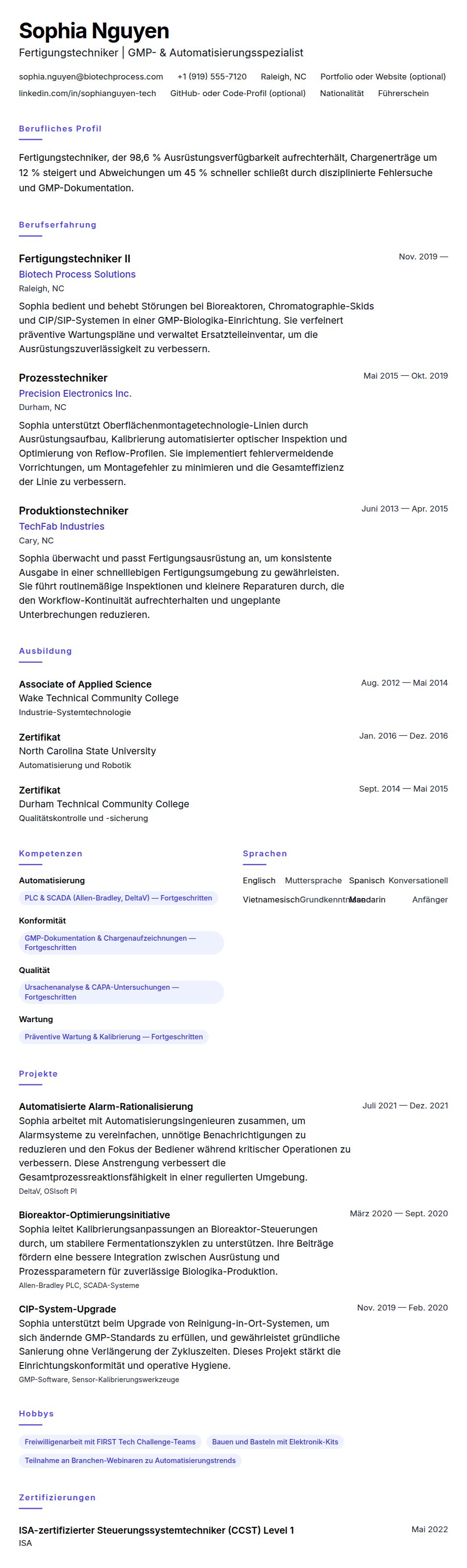 Lebenslaufvorschau für Lebenslaufbeispiel für Fertigungstechniker