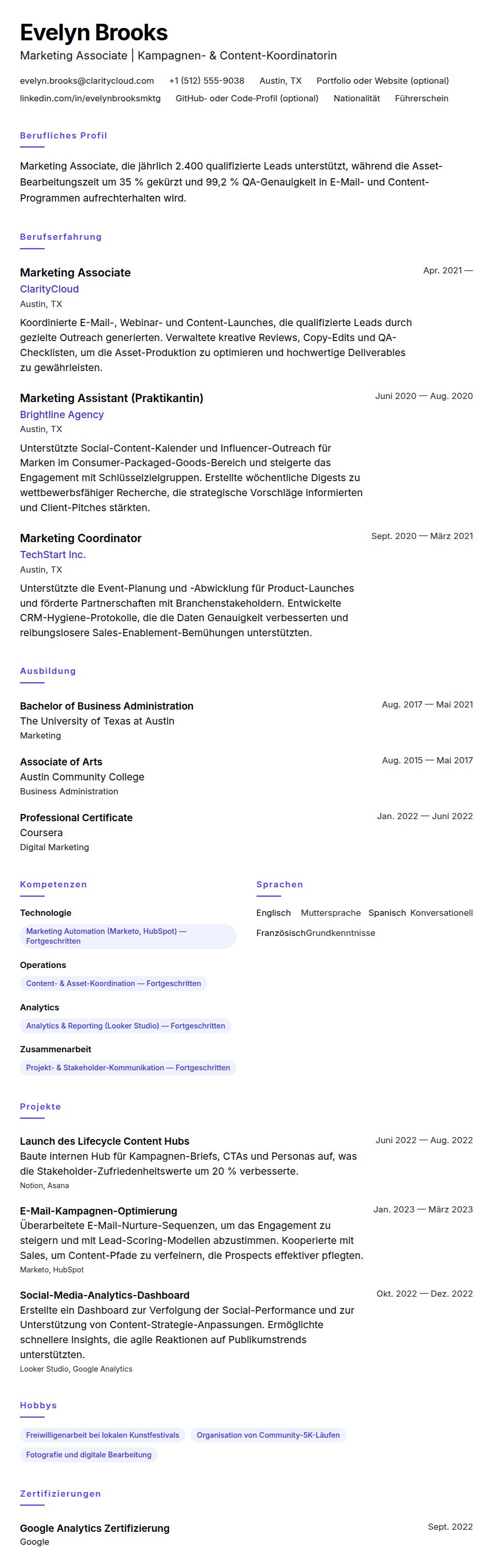 Lebenslaufvorschau für Beispiel-Lebenslauf Marketing Associate