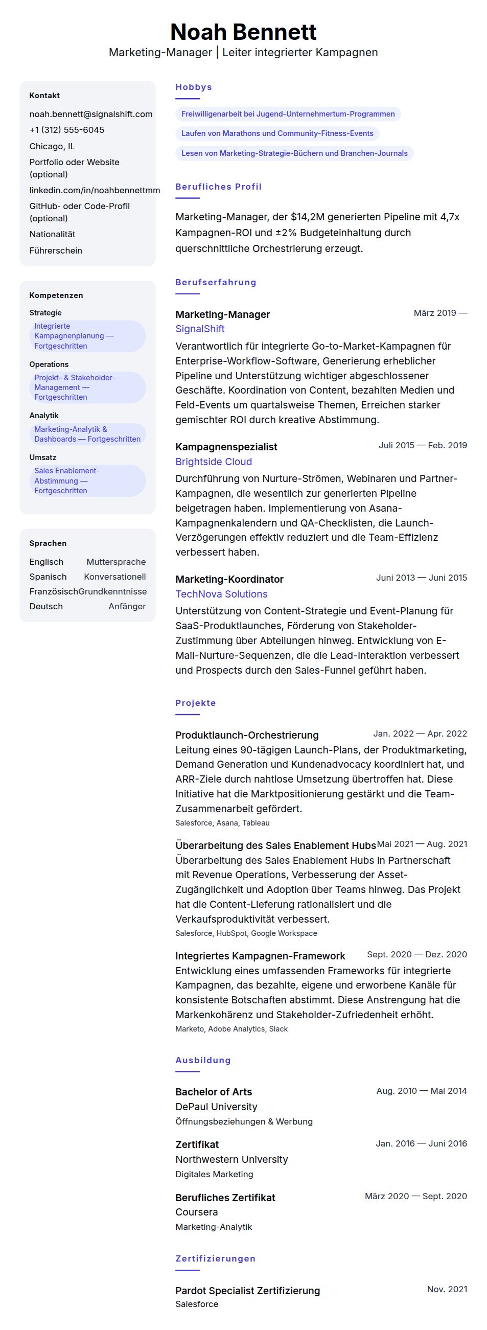 Lebenslaufvorschau für Lebenslaufbeispiel für Marketing-Manager