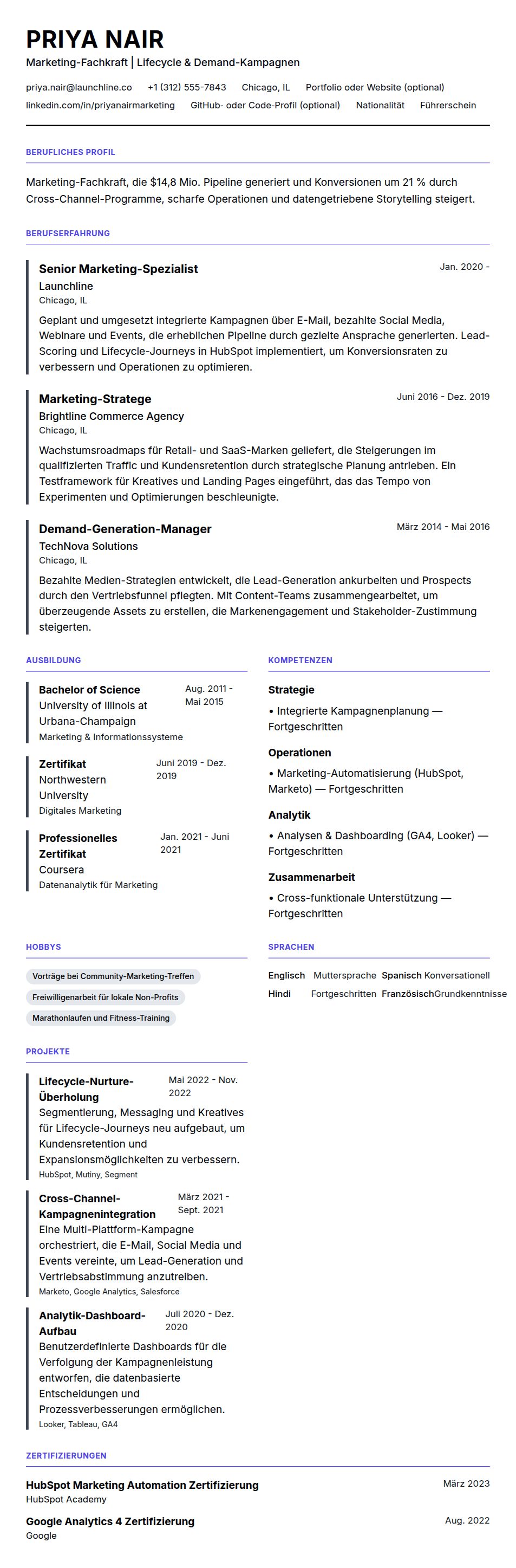 Lebenslaufvorschau für Beispiel-Lebenslauf für Marketing-Fachkraft