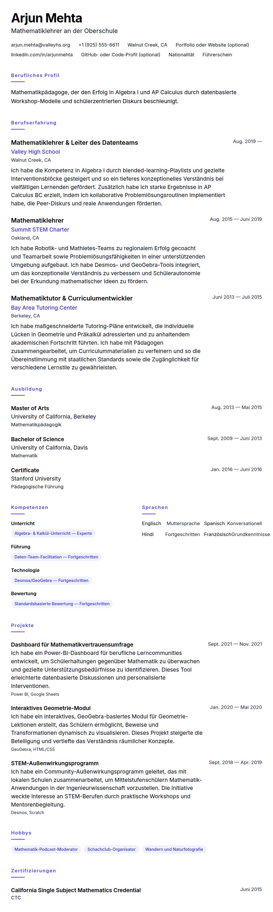 Lebenslaufvorschau für Beispiel-Lebenslauf für Mathematiklehrer