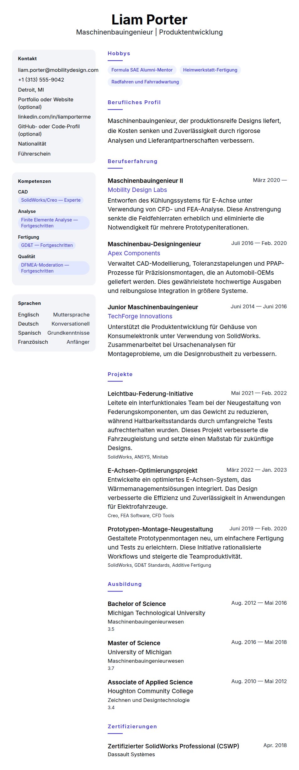 Lebenslaufvorschau für Maschinenbauingenieur Lebenslauf-Beispiel