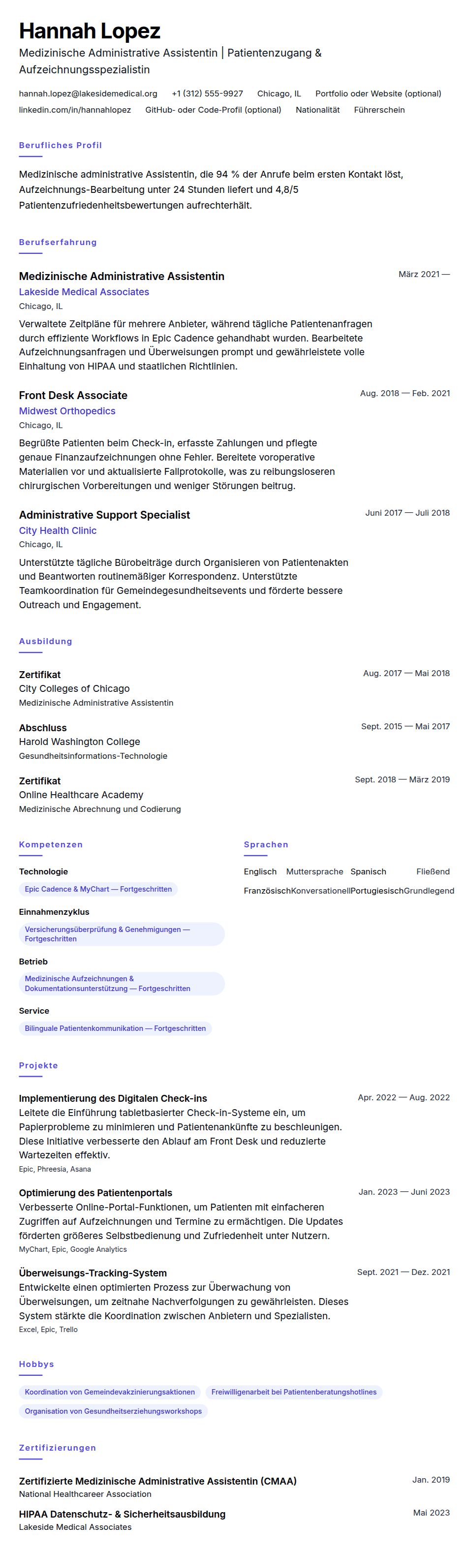 Lebenslaufvorschau für Lebenslaufbeispiel für Medizinische Administrative Assistentin