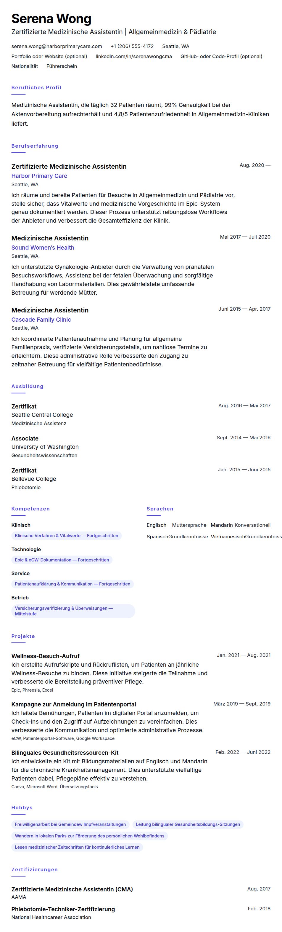 Lebenslaufvorschau für Beispiel-Lebenslauf Medizinische Assistentin