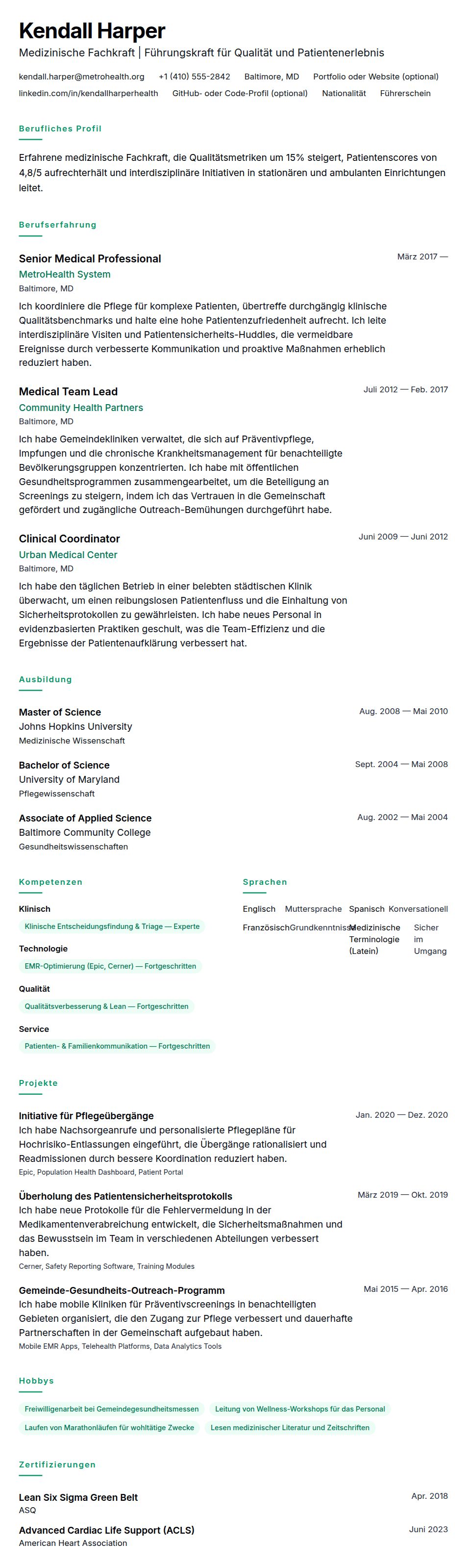 Lebenslaufvorschau für Beispiel-Lebenslauf für Medizinische Fachkraft