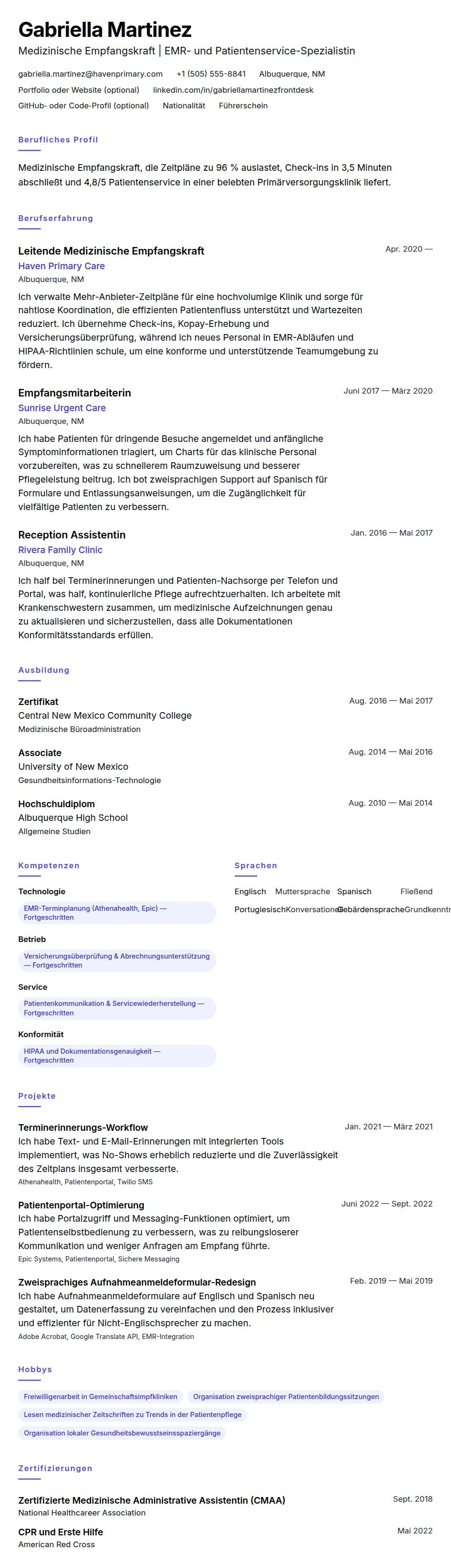 Lebenslaufvorschau für Lebenslaufbeispiel für Medizinische Empfangskraft