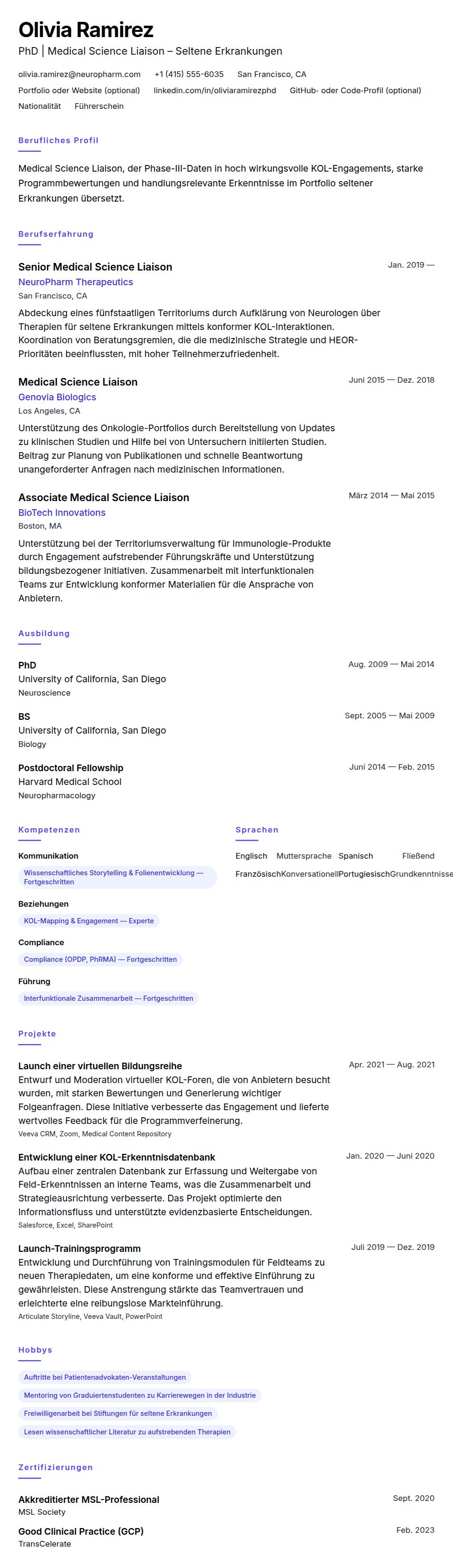 Lebenslaufvorschau für Medical Science Liaison Lebenslaufbeispiel
