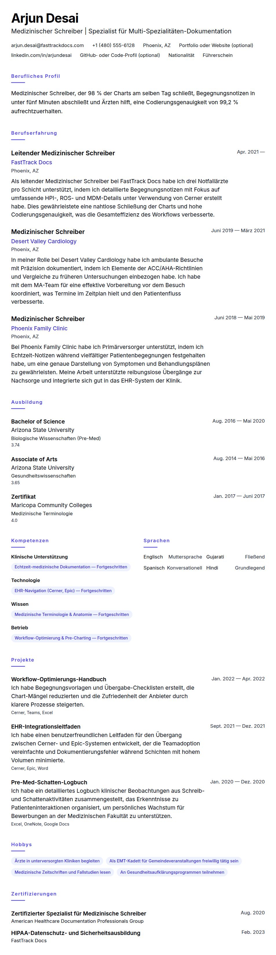 Beispiel für einen Lebenslauf als Medizinischer Schreiber