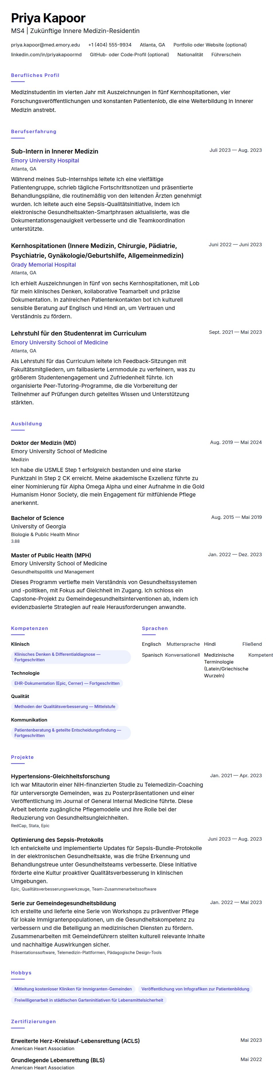 Lebenslaufvorschau für Beispiel-Lebenslauf für Medizinstudenten