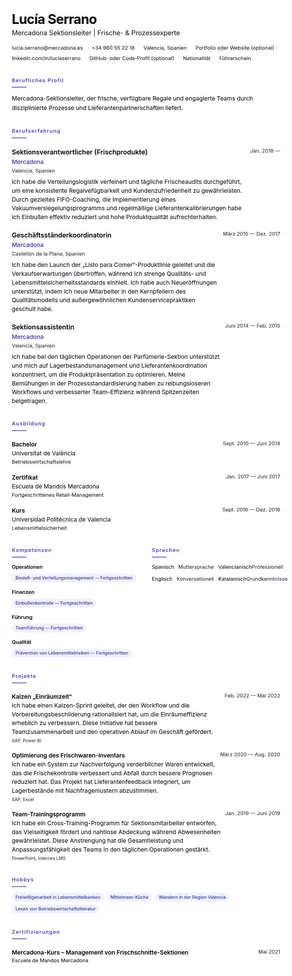 Lebenslaufvorschau für Mercadona Sektionsleiter Lebenslaufbeispiel
