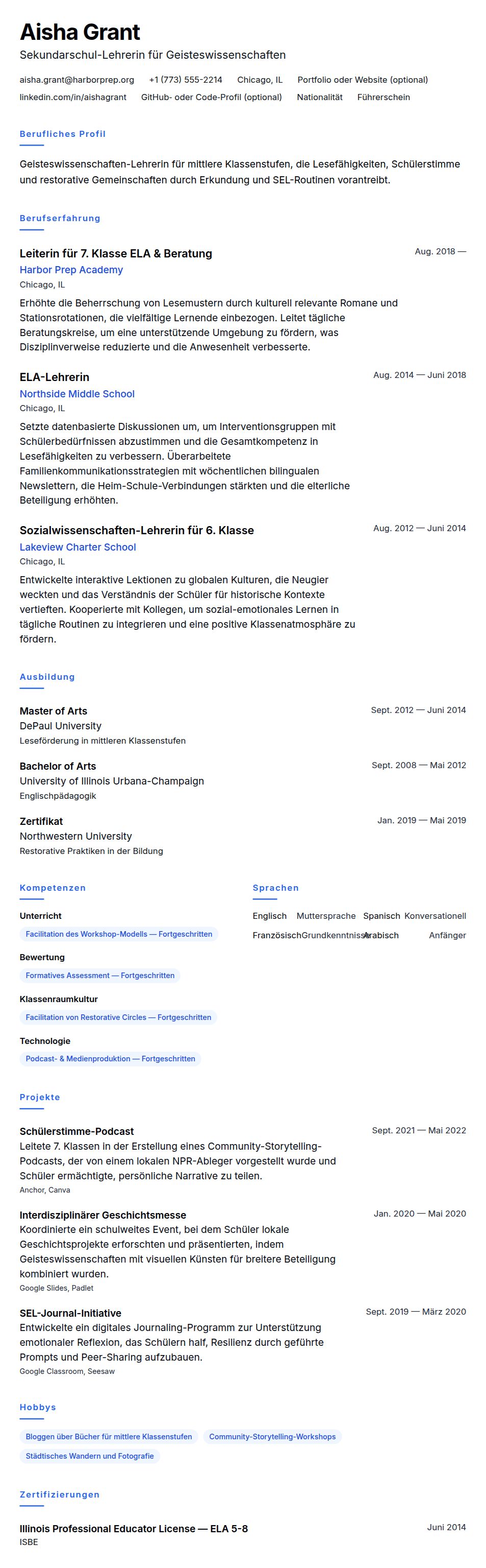 Lebenslaufvorschau für Lebenslauf-Beispiel für Sekundarschullehrer