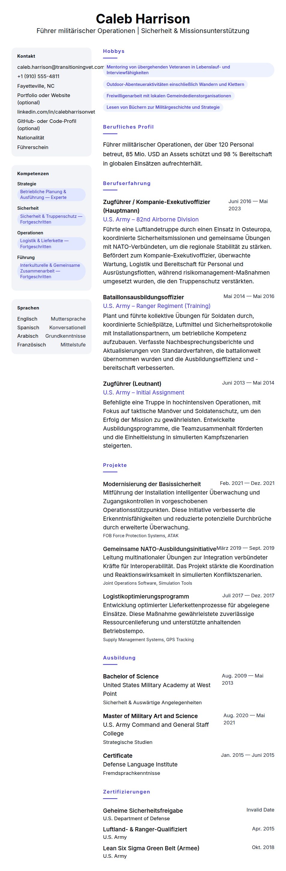 Lebenslaufbeispiel für Militärdienstmitglieder