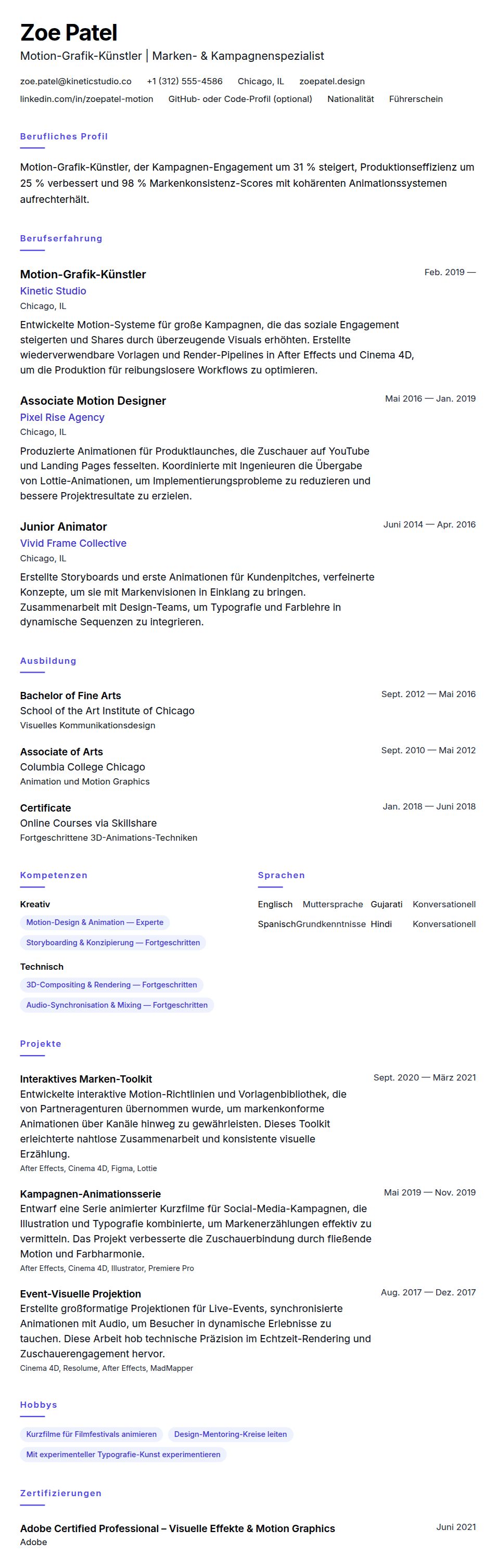 Lebenslaufvorschau für Lebenslauf-Beispiel für Motion-Grafik-Künstler